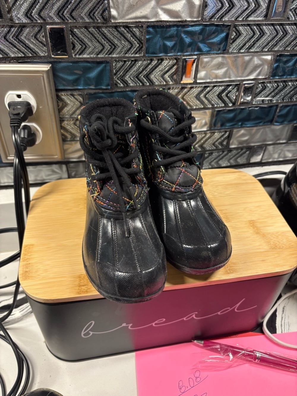 Sperry Black Quilted Kids Rain & Snow Duck Boots with Multicolor Stitching
